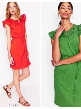 Boden Juliet Broderie midi Eyelet Yoke Cap Sleeve Dress in Red or Green